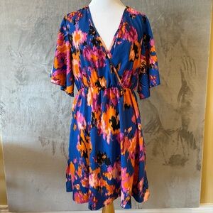 Eclectic Artist Flowy V-Neck Dress in Blue w/Orange/Pink/Peach/Black Streaks